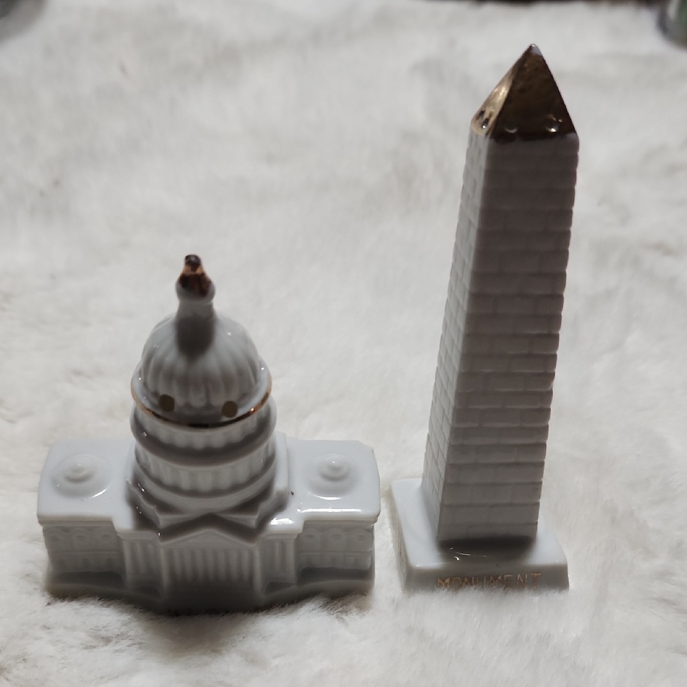 White and Gold Ceramic Monuments.  Salt & Pepper Shakers.